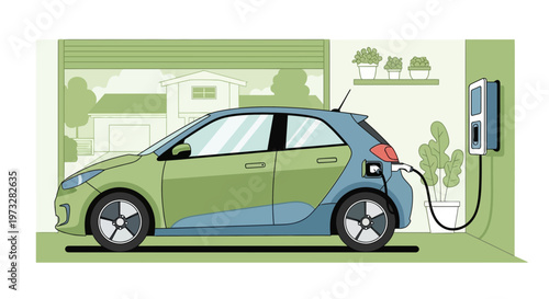 Electric car charging at home, sustainable transport, eco-friendly lifestyle, modern vehicle.