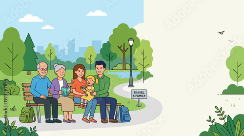 Multi-generational Happy Family Sitting on a Park Bench Together. Vector Illustration for Travel and Leisure Concept with Copy Space.