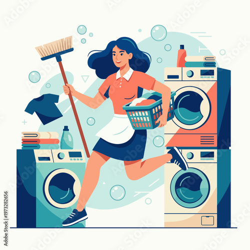 An energetic illustration of a busy woman rushing with laundry in a laundromat, capturing the essence of daily chores and the multitasking nature of modern life.