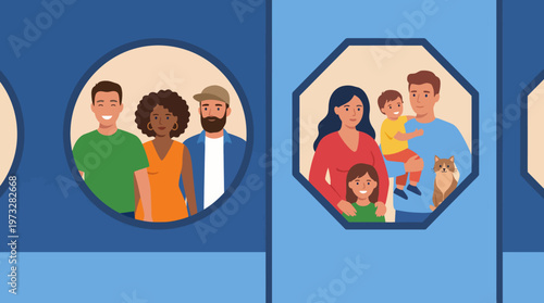 This image features diverse families posing together in a vibrant outdoor setting, symbolizing unity, joy, and inclusivity in familial relationships and connections.