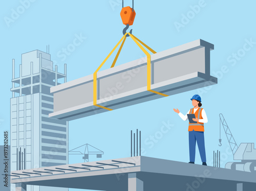 This image highlights a construction worker supervising the lifting of a steel beam, representing diligence and safety within the construction industry and urban development.