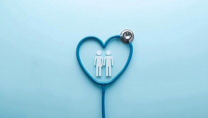 Stethoscope forms heart shape with couple icons symbolizing healthcare and love