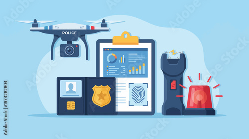 A collection of police equipment including a drone, a clipboard with data analysis, and a police badge, emphasizing modern technology in law enforcement safety measures.
