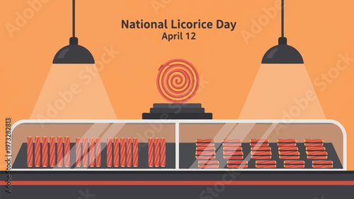 A vibrant illustration celebrating National Licorice Day on April 12, featuring a candy store display with various red licorice treats and a large spiral licorice centerpiece.