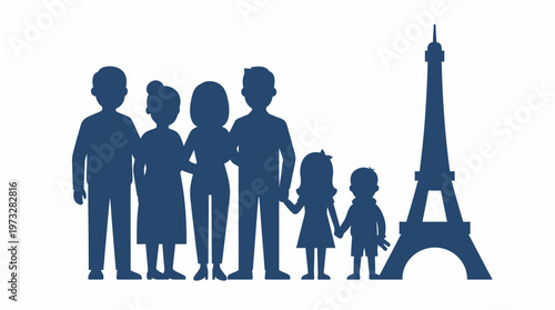 Silhouette of Multi-Generational Family in Front of Eiffel Tower in Paris - Travel and Vacation Concept