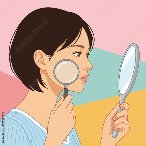 A woman examines her skin closely with a magnifying glass and mirror, reflecting concerns about personal care, beauty, and self-awareness in modern society.