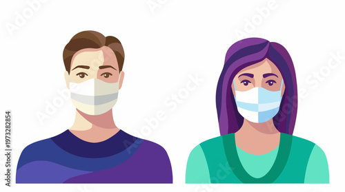Two individuals wearing protective face masks to prevent the spread of germs and maintain health safety during public interactions, emphasizing hygiene and care.
