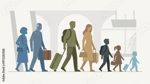 Minimalist Flat Illustration of a Diverse Multigenerational Family and Travelers with Suitcases Walking in an Airport Terminal or Station
