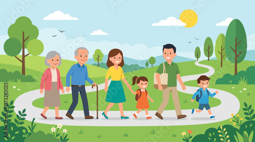 Happy Multi-Generational Family Walking Together in a Sunny Park, Flat Vector Illustration of Grandparents, Parents, and Children Enjoying Outdoors
