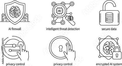 AI security icons, cybersecurity symbols, threat detection graphics, data protection signs