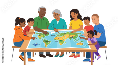 Multigenerational Diverse Family and Community Looking at a World Map Together, Education, Geography, and Global Travel Concept Flat Vector Illustration on White
