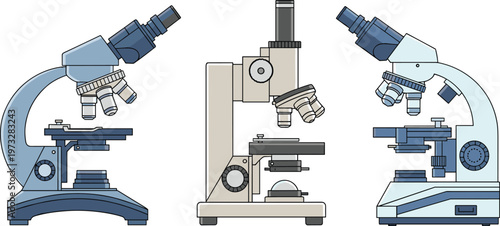 Microscope Equipment Set Featuring Different Laboratory Microscopes for Scientific Research and Medical Analysis Detailed Cartoon Style Vector Illustration Collection
