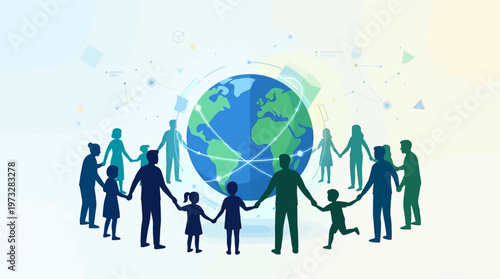 Global Community Concept: Silhouettes of Diverse People and Families Holding Hands Around Planet Earth Globe for Unity, Peace, and World Connectivity