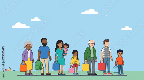 Diverse Multicultural Group of People Standing in Line with Reusable Shopping Bags, Multi-generational Community Sustainable Lifestyle Concept Flat Vector Illustration