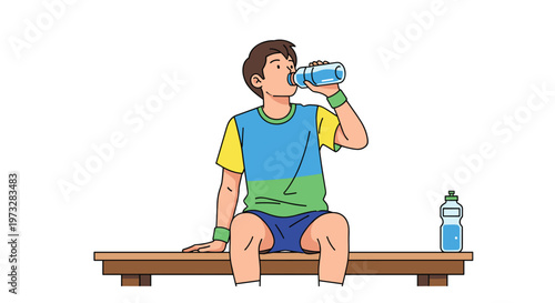 A tired male athlete wearing a colorful blue and yellow sports jersey sits on a simple wooden bench while hydrating with a clear bottle of refreshing water.