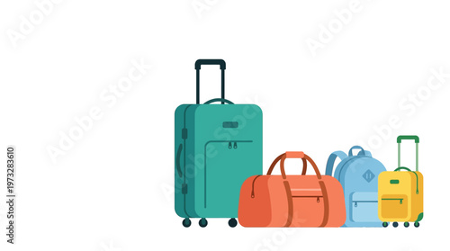 Set of colorful travel luggage and bags including suitcase, duffel, backpack, and trolley isolated on white background. Flat vector illustration for tourism and vacation concepts.