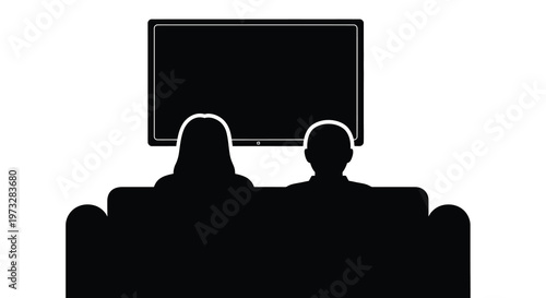 A minimalist silhouette depicts two figures seated on a couch intently watching a blank dark television screen in a darkened room high quality professional