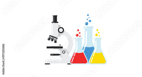 A modern white optical microscope positioned beside three conical glass flasks containing colorful bubbling chemical reagents rests upon a clean white surface.