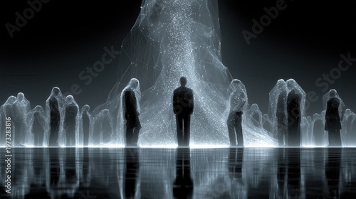 Digital figures in a dark space around a shining structure