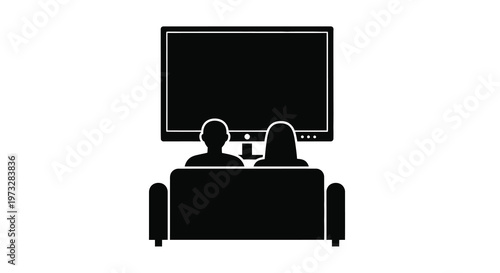 A minimalist black silhouette depicts a couple seated on a sofa intently watching a large flat screen television in a darkened room high quality