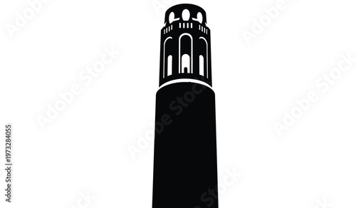 A striking black and white silhouette depicts a tall slender tower with a rectangular base and ornate upper section high quality professional detailed modern
