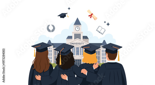 Four university graduates viewed from behind stand with their arms around each other while looking toward a grand academic building during their commencement day.