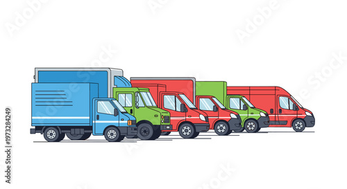 A diverse fleet of commercial delivery vehicles including large blue trucks and smaller red and green vans is parked in a neat diagonal line.