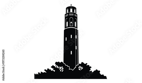 A stark black and white silhouette depicts sather tower at the university of california berkeley standing prominently against a plain white background high quality