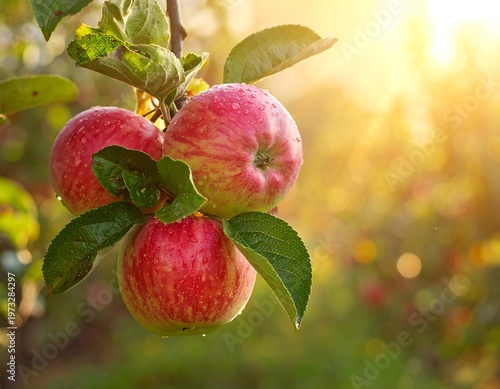 Close-up shot of three ripe, red apples hanging from a branch, illuminated by warm, golden sunlight filtering through leaves