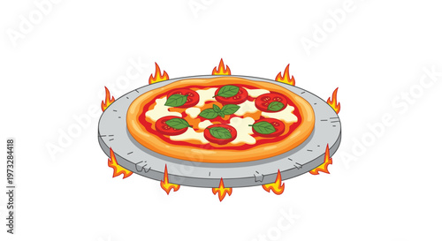 A delicious hot Margherita pizza featuring melted mozzarella and fresh green basil leaves rests upon a circular stone tray engulfed in vibrant fire.