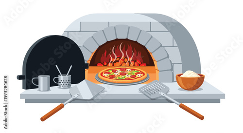 An authentic masonry pizza oven radiates warmth from a crackling fire while a fresh pepperoni pie sits near a wooden bowl and metal cooking peels.