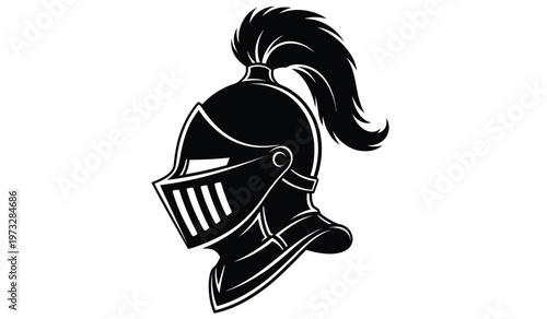 A striking black and white illustration depicts a medieval knight s helmet complete with a flowing ponytail emerging from the back high quality professional
