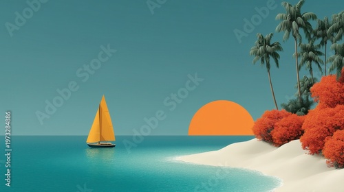 Sailboat on a tropical beach at sunset with palm trees