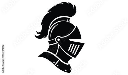 A striking black silhouette depicts the profile of a medieval knight wearing a full helmet and flowing textured hair high quality professional detailed modern