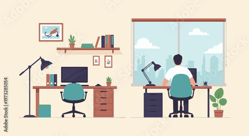 Two modern home office setups with people working.