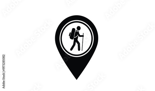 A simplistic black icon depicts a hiker with a backpack and walking stick contained within a location pin shape high quality professional detailed modern