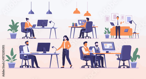 Diverse office workers collaborating and working on computers.