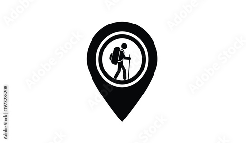 A minimalist black icon depicts a hiker with a backpack and trekking poles enclosed within a map pin shape suggesting location high quality professional