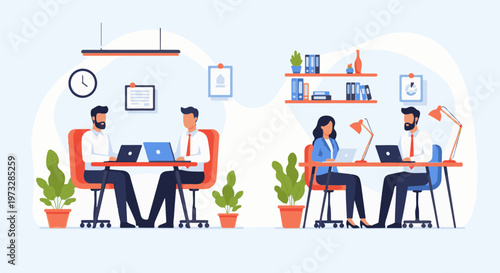 Two business meetings happening simultaneously in office settings.