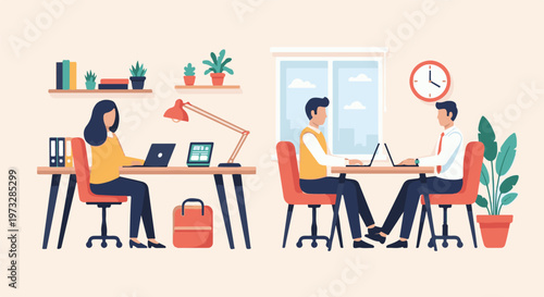 Two scenes of people working and interviewing in modern offices.
