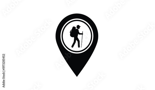 A simple black and white graphic depicts a location pin icon containing a silhouetted hiker with a backpack and walking stick high quality professional