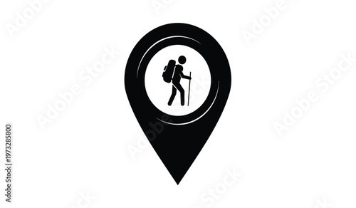 A minimalist black icon depicts a location pin containing a silhouetted hiker with a backpack and walking stick suggesting a trail high quality professional