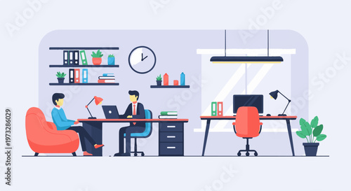 Two men in an office setting discussing work.