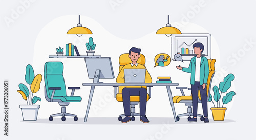 Two men working together in a modern office environment.