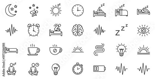 Comprehensive Vector Line Icon Set Illustrating Sleep, Wakefulness, and Daily Routines Covering Rest, Alertness, Time Management, Mental Wellness, and Energy for Digital Design Projects