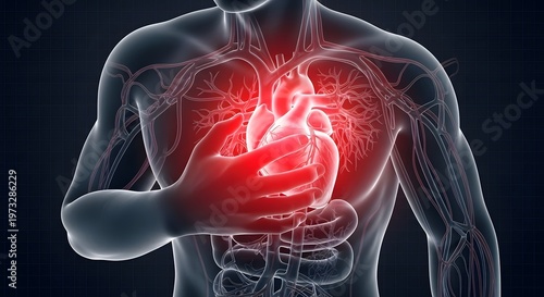 Human heart anatomy and cardiovascular system health. Chest pain and myocardial infarction concept. Man holding chest with glowing red heart during cardiac arrest