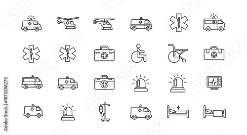 Medical icons depicting ambulances, wheelchairs, hospital beds, first aid kits, and other emergency and healthcare symbols for medical websites and applications