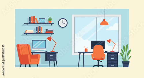 Modern Home Office Setup with Two Desks and Chairs 6.