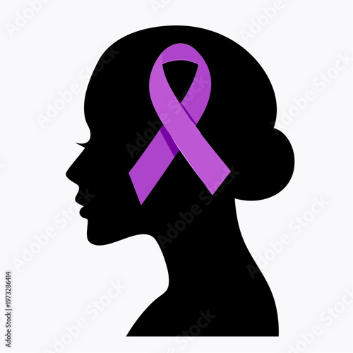 Silhouette of a womans head with a purple awareness ribbon.