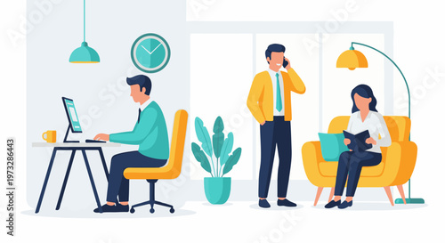 Modern office scene with people working and relaxing.